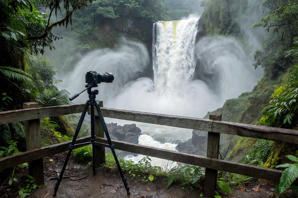 Camera on sturdy tripod positioned safely behind wooden trail railing capturing waterfall mist