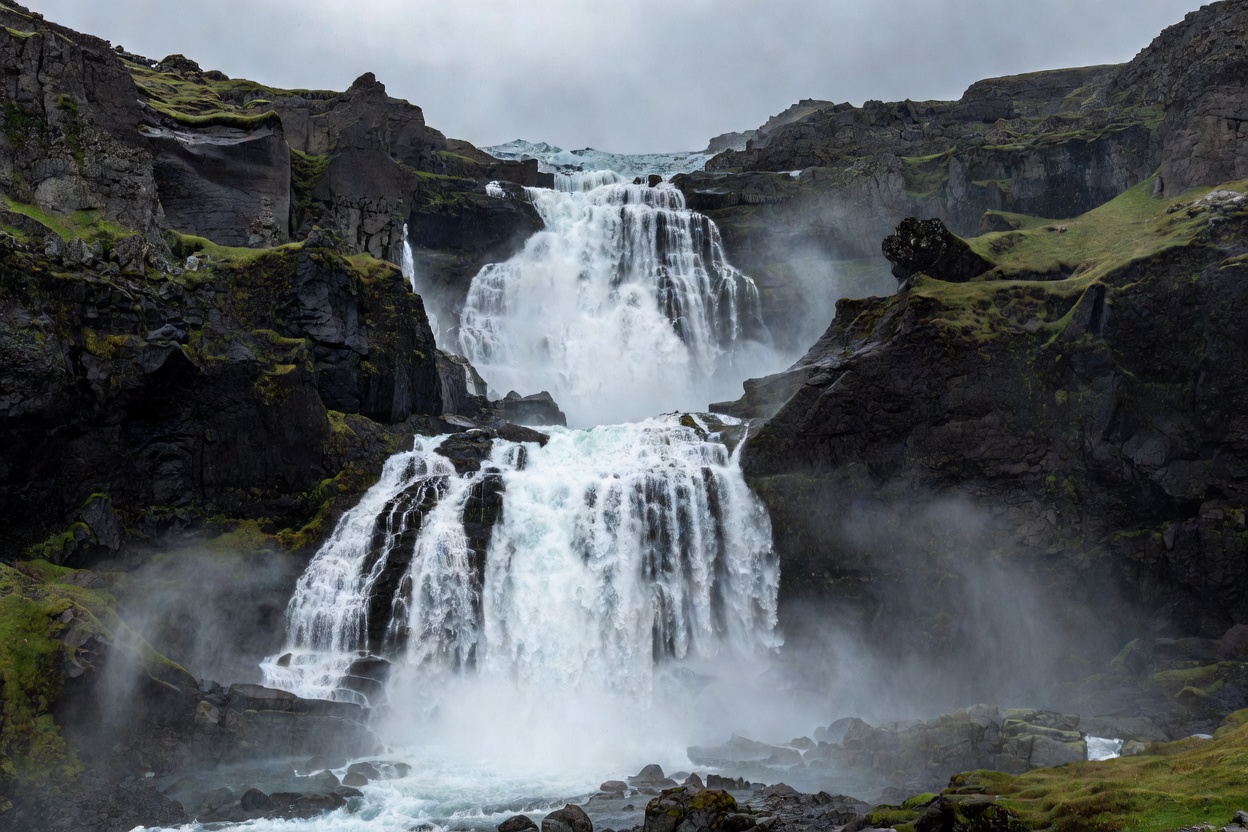 Cascading glacial waterfall plunging down dark basalt cliffs in Iceland under overcast sky