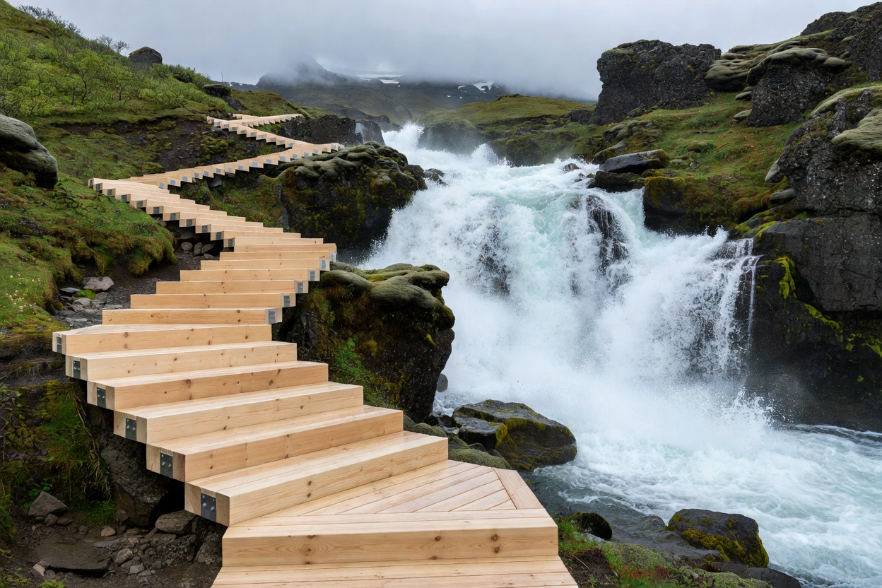 Engineered timber steps leading alongside a rushing mountain cascade in Iceland