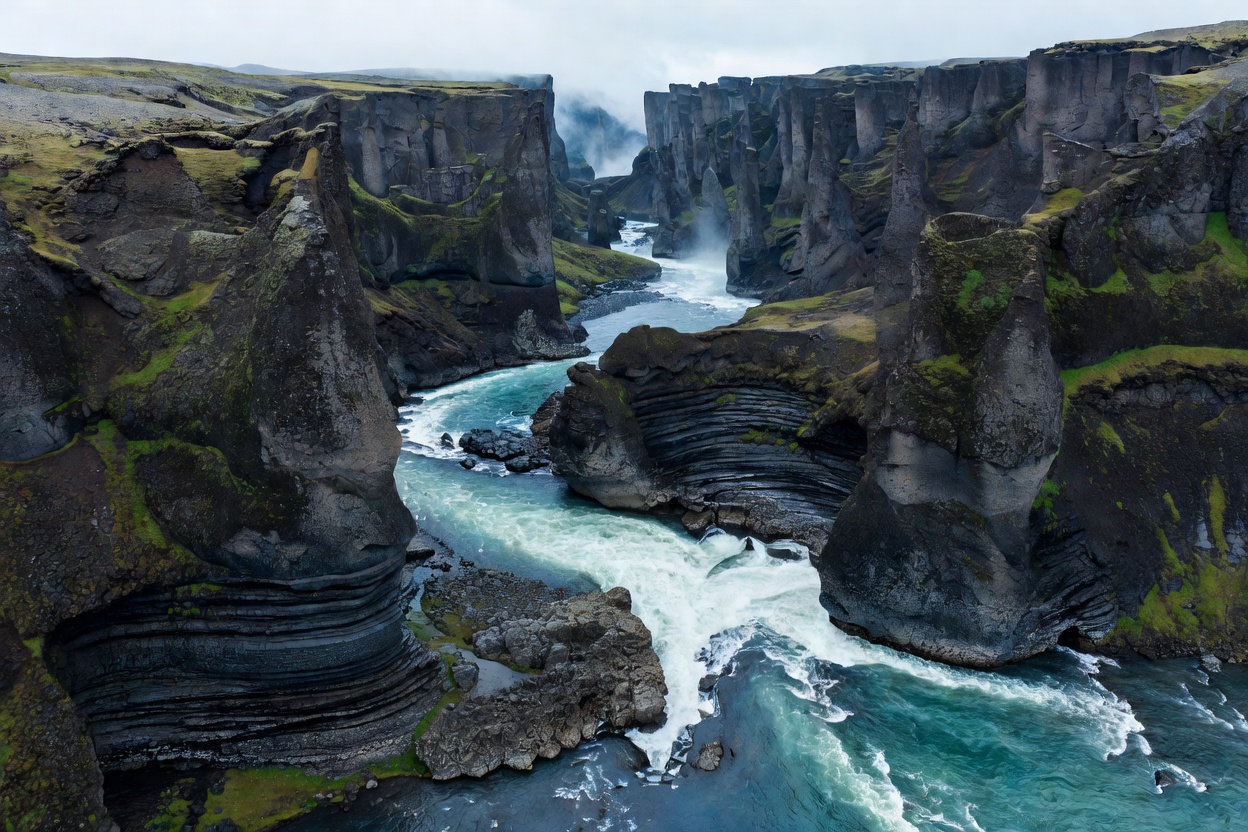 Massive glacial river canyon cut into black basalt layers in northern Iceland