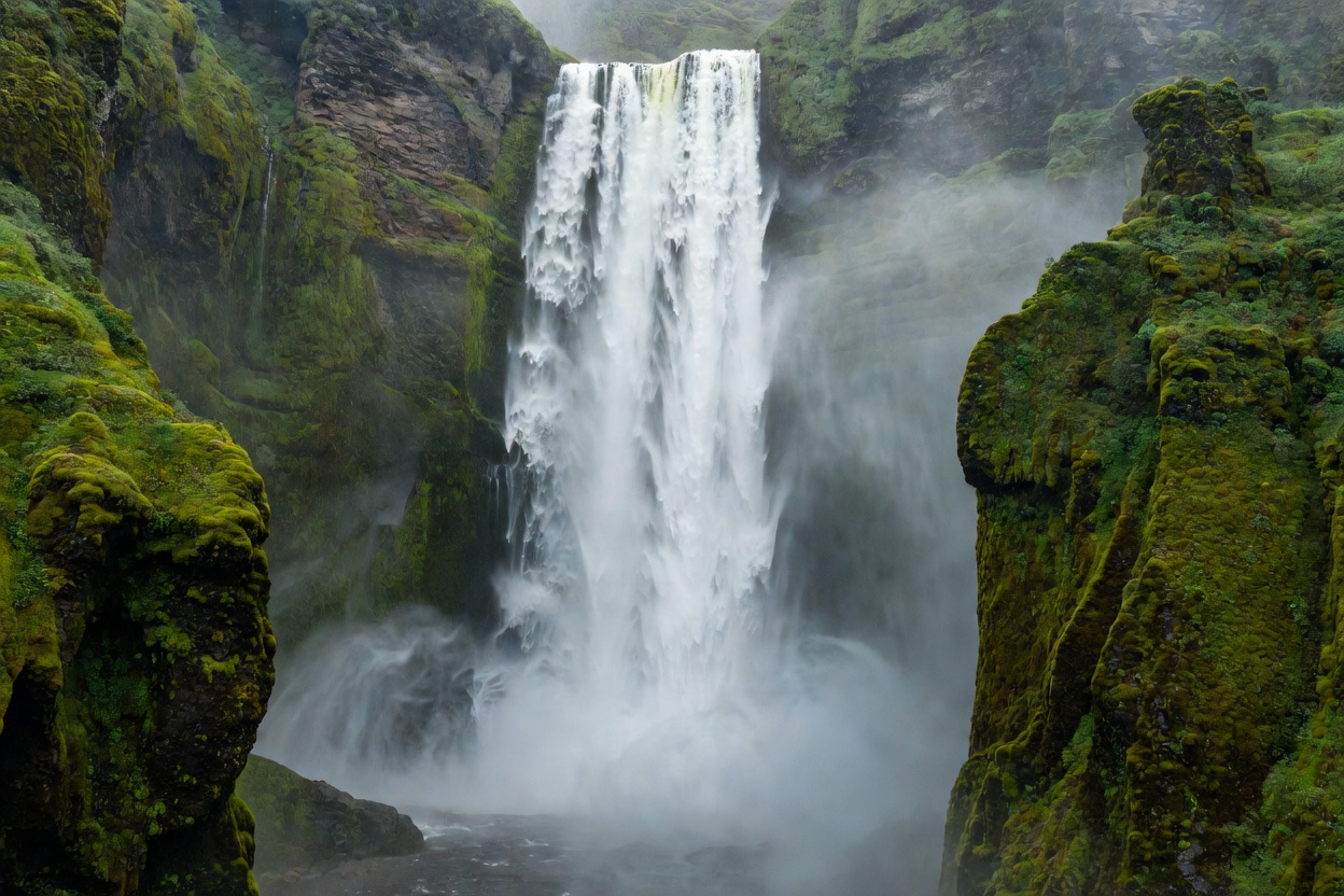 Massive water wall dropping into mist surrounded by steep green mossy canyon walls