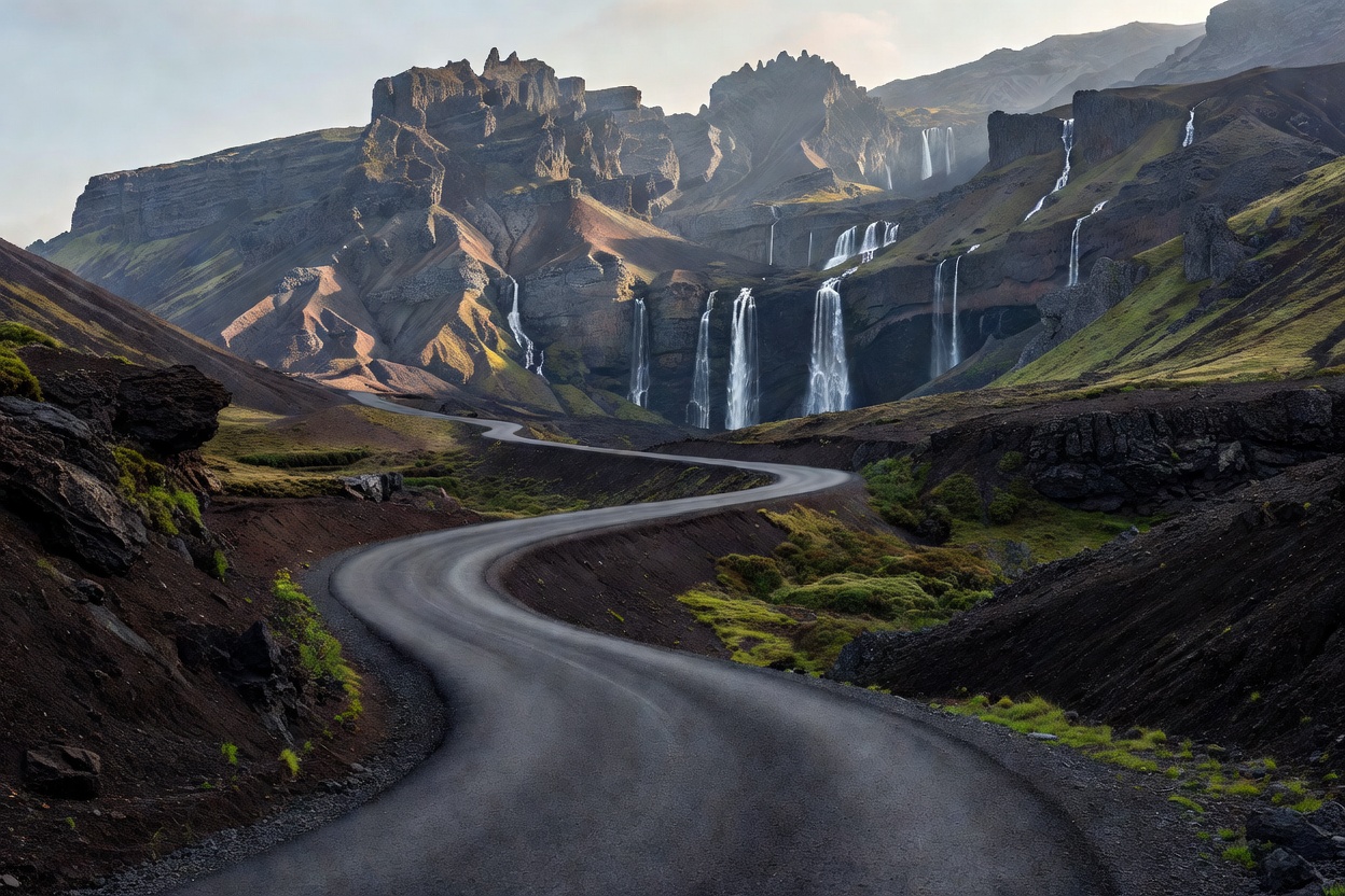 Narrow two-lane paved highway winding toward volcanic mountain pass with distant waterfalls
