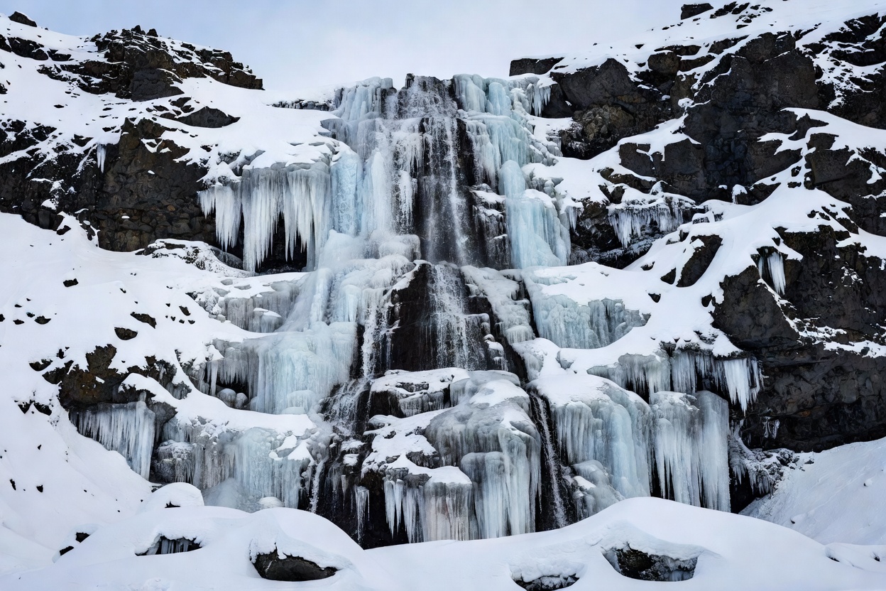 Partially frozen waterfall surrounded by thick winter ice crusts and snow-covered volcanic rock
