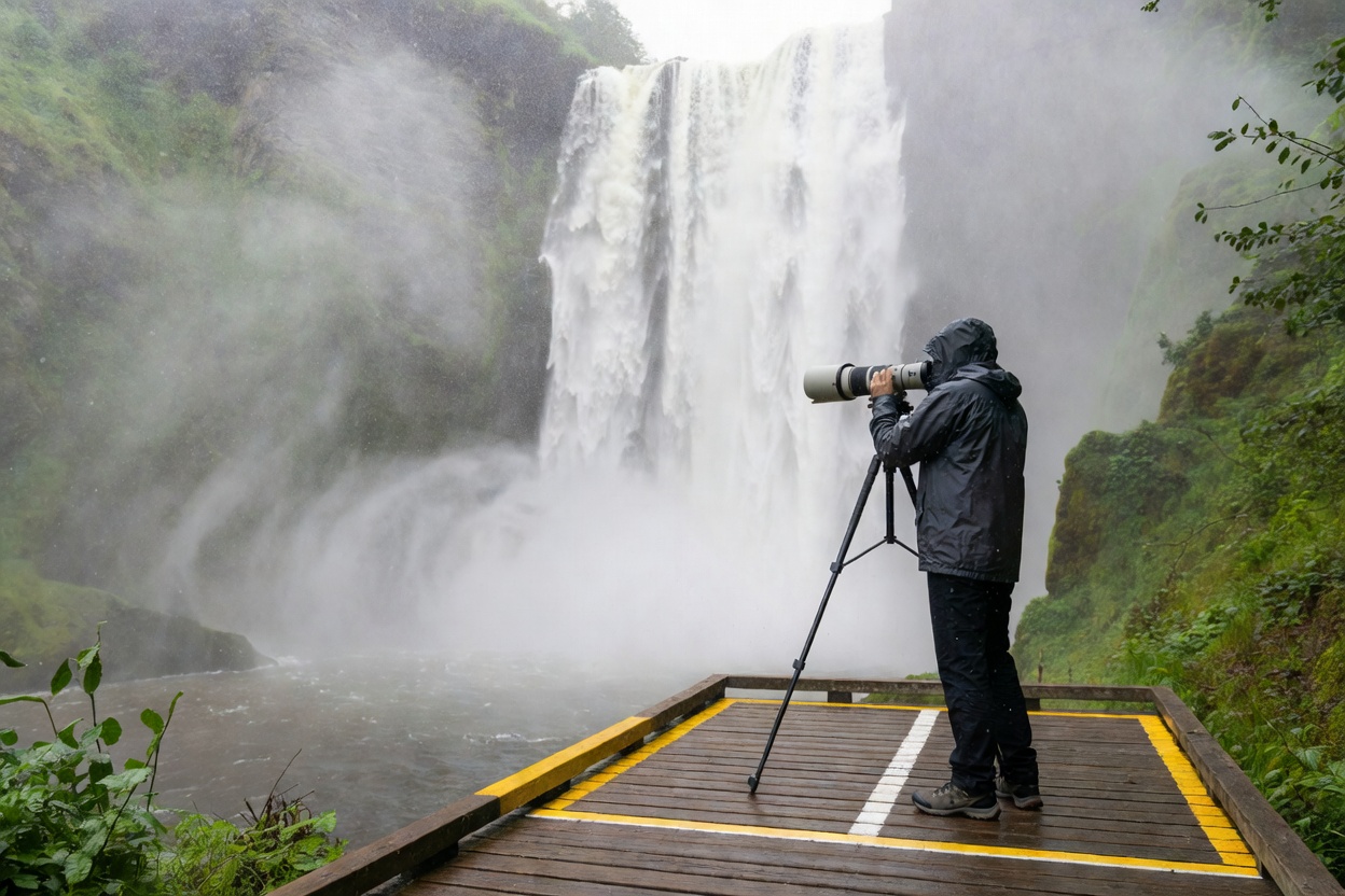 Photographer standing safely on marked boardwalk photographing waterfall mist with telephoto lens