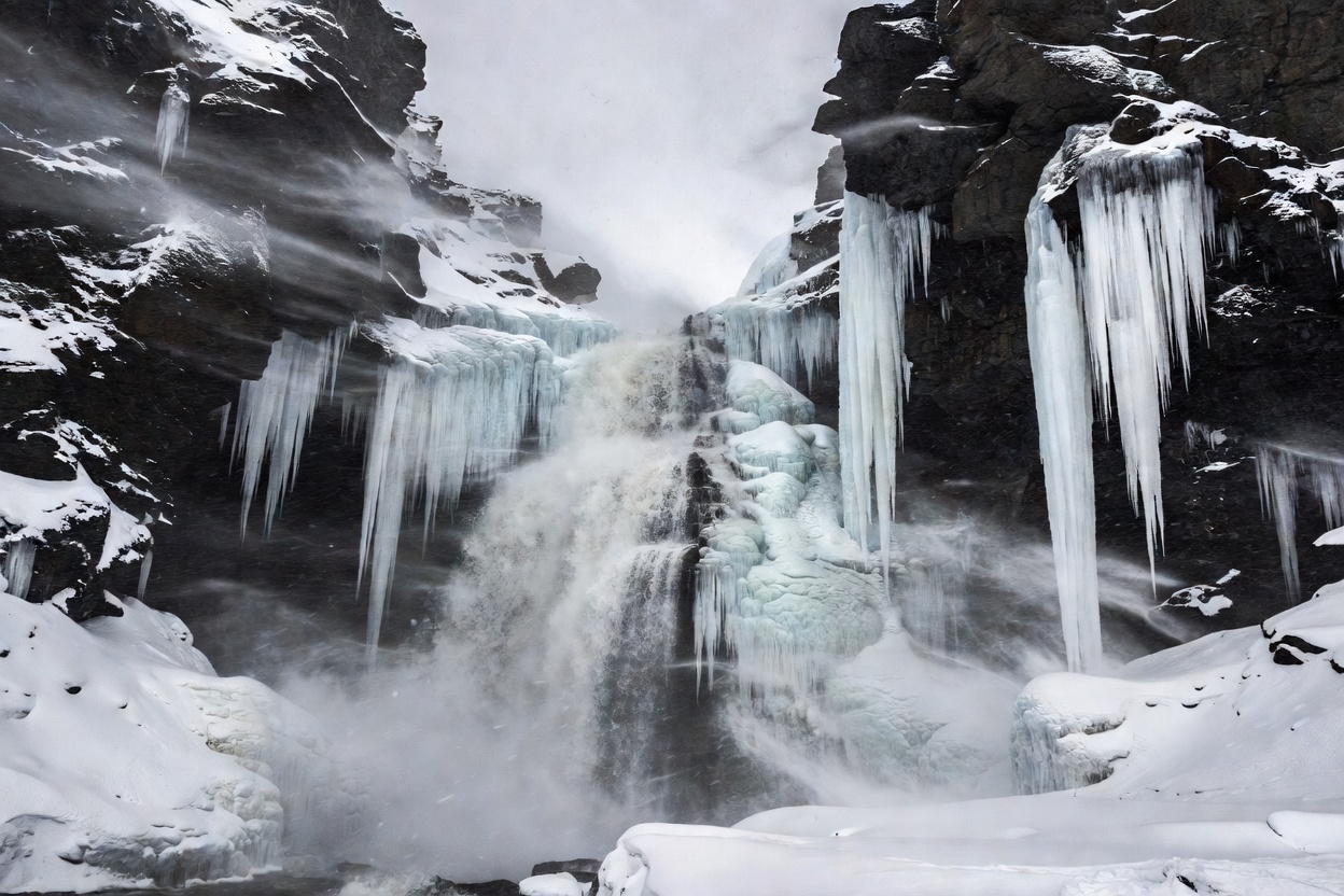 Subarctic winter waterfall with giant icicles hanging from black rock walls in blizzard conditions