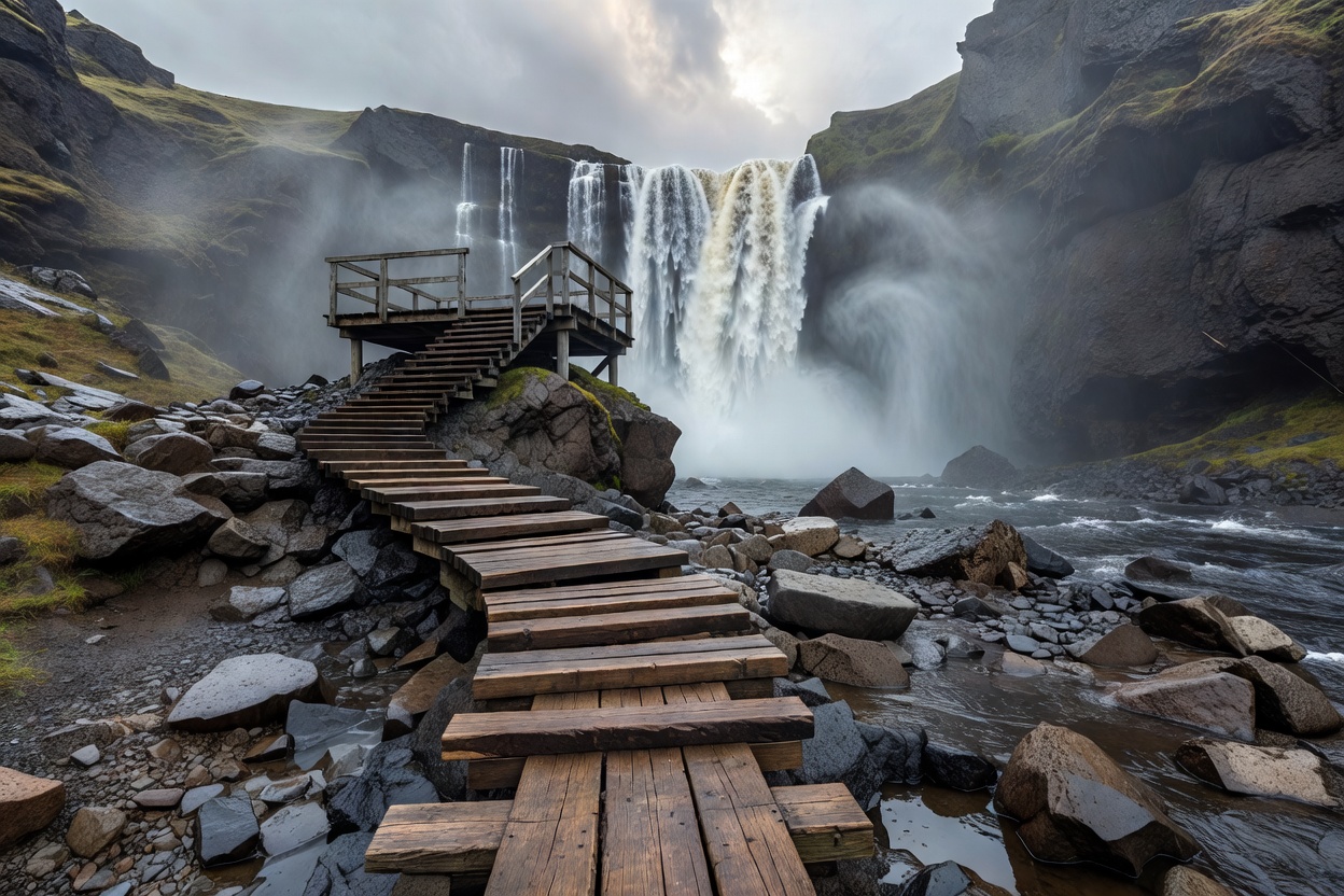 Wooden walking path leading over wet stones toward an elevated Icelandic waterfall observation deck